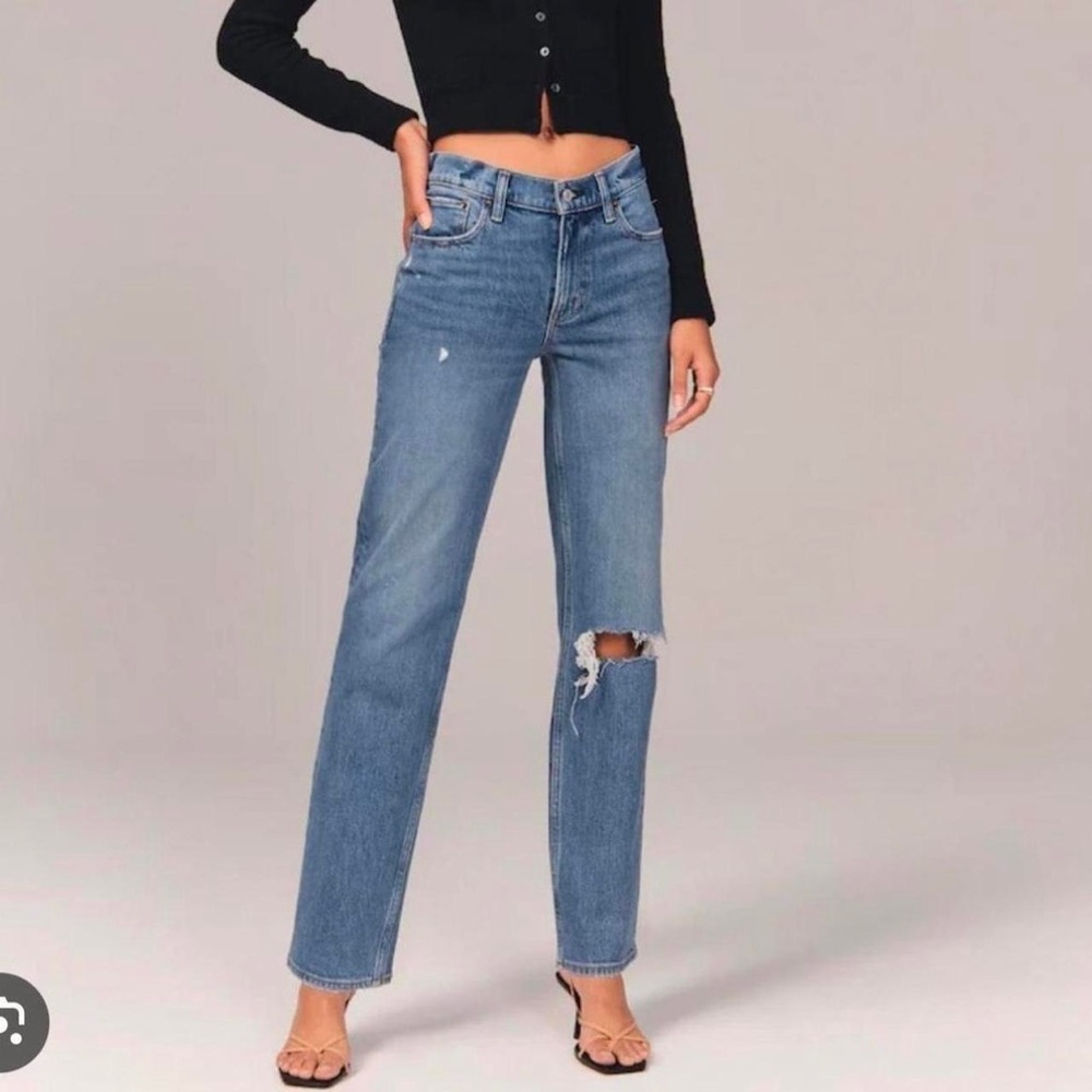 Low Rise Straight Leg Distressed Blue Jeans